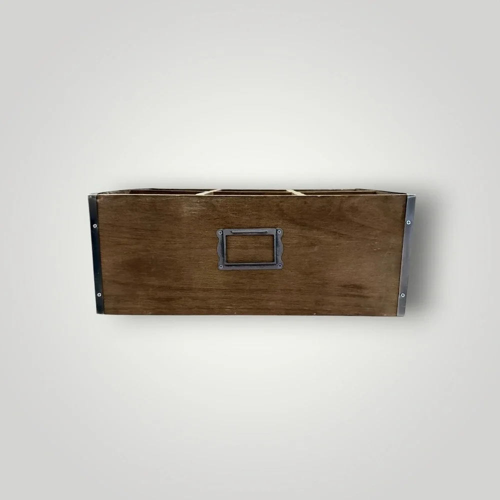 Standard General Store Organizer Box Brown Wood 6-Slot Rustic Metal Apothecary